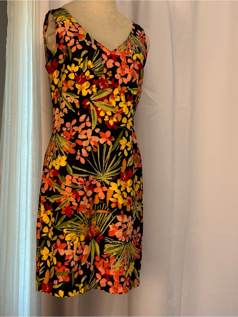 Sleeveless dress linen blend vibrant, tropical floral and palm leaf print sz 6
